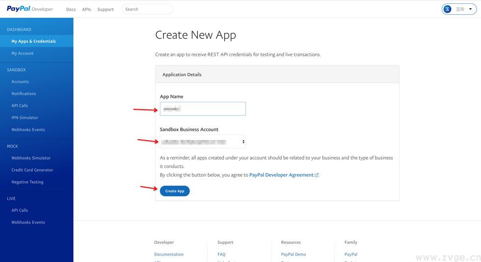 进入PayPal APPs页面 点击已创建APP name